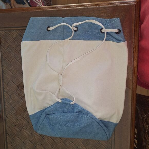 Drawstring Backpack NWOT Canvas Beach Bag Blue Cream GREAT BUNDLE ITEM Travel - Picture 13 of 13